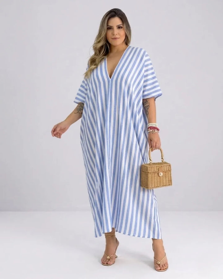 Damen Kaftan Maxikleid – Luftiges Streifenkleid mit tiefem V-Ausschnitt & Fledermausärmeln