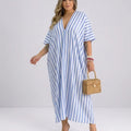 Damen Kaftan Maxikleid – Luftiges Streifenkleid mit tiefem V-Ausschnitt & Fledermausärmeln