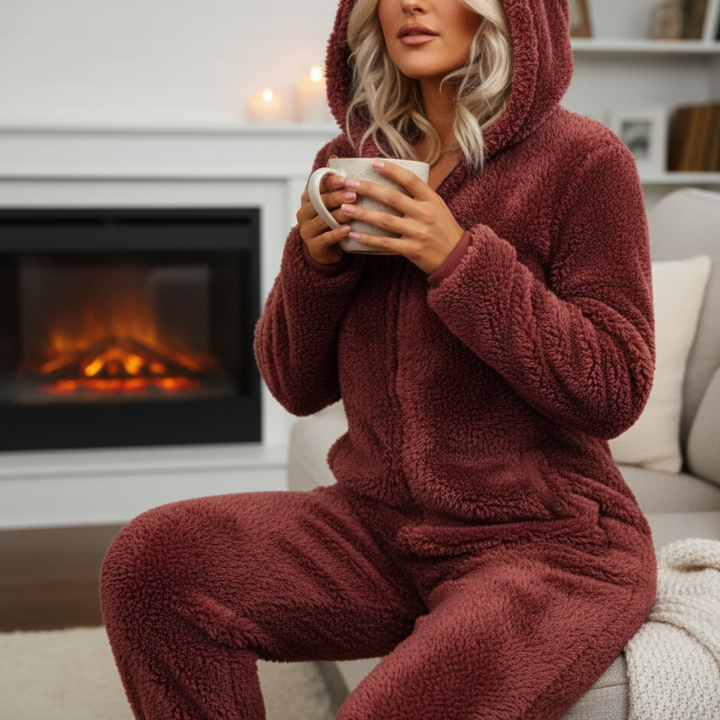 Pyjama Damen Einteiler Fleece mit Reißverschluss