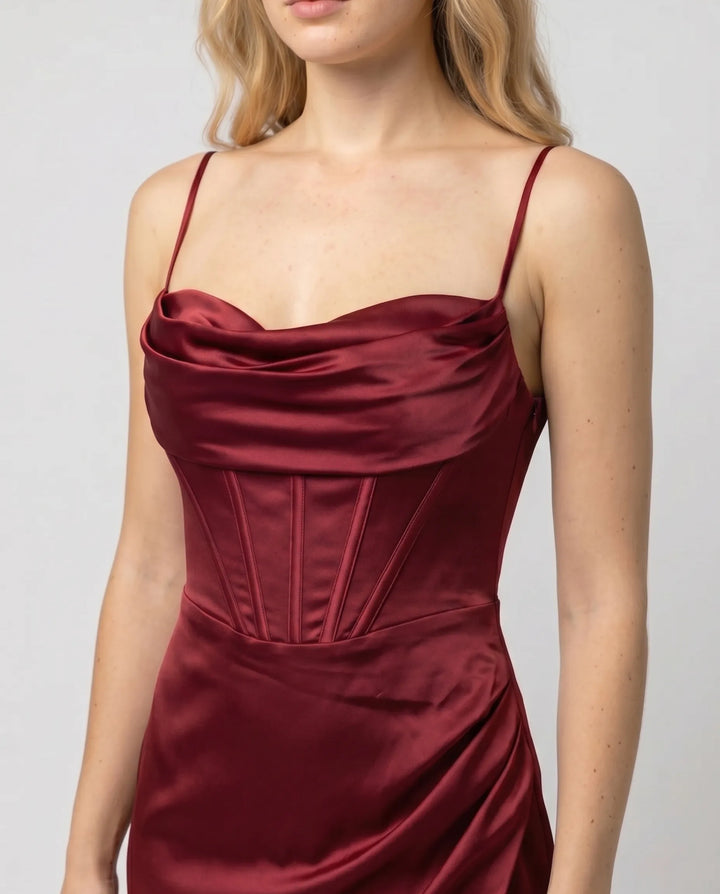 Elegantes Seiden Maxikleid Damen – Abendkleid bodenlang Spaghettiträger Schlitz festlich