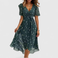 Damen Blumen V-Ausschnitt Midi Kleid