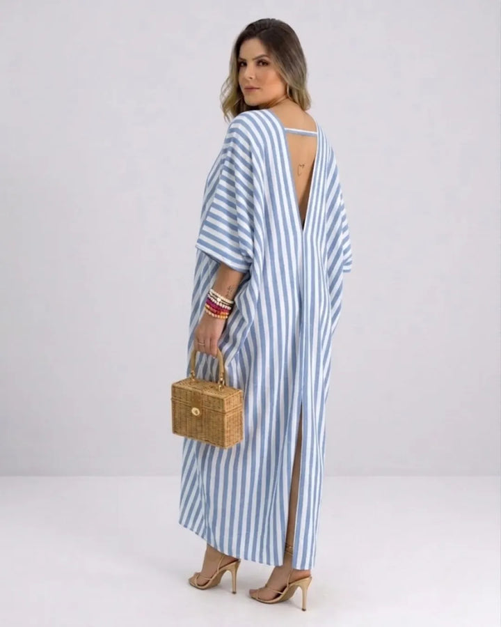 Damen Kaftan Maxikleid – Luftiges Streifenkleid mit tiefem V-Ausschnitt & Fledermausärmeln