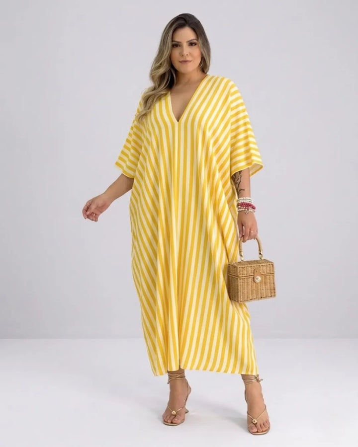 Damen Kaftan Maxikleid – Luftiges Streifenkleid mit tiefem V-Ausschnitt & Fledermausärmeln