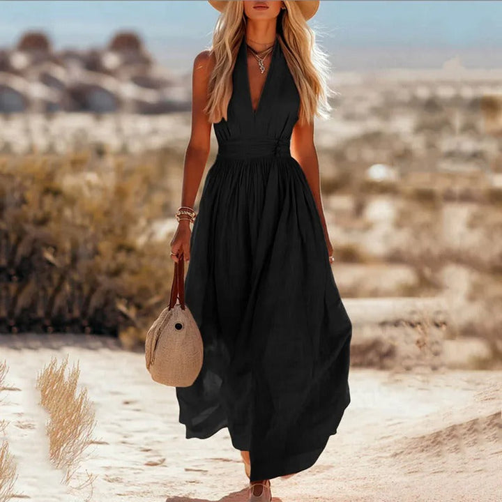 Damen Boho Neckholder Maxi Leinen-Kleid