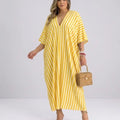 Damen Kaftan Maxikleid – Luftiges Streifenkleid mit tiefem V-Ausschnitt & Fledermausärmeln