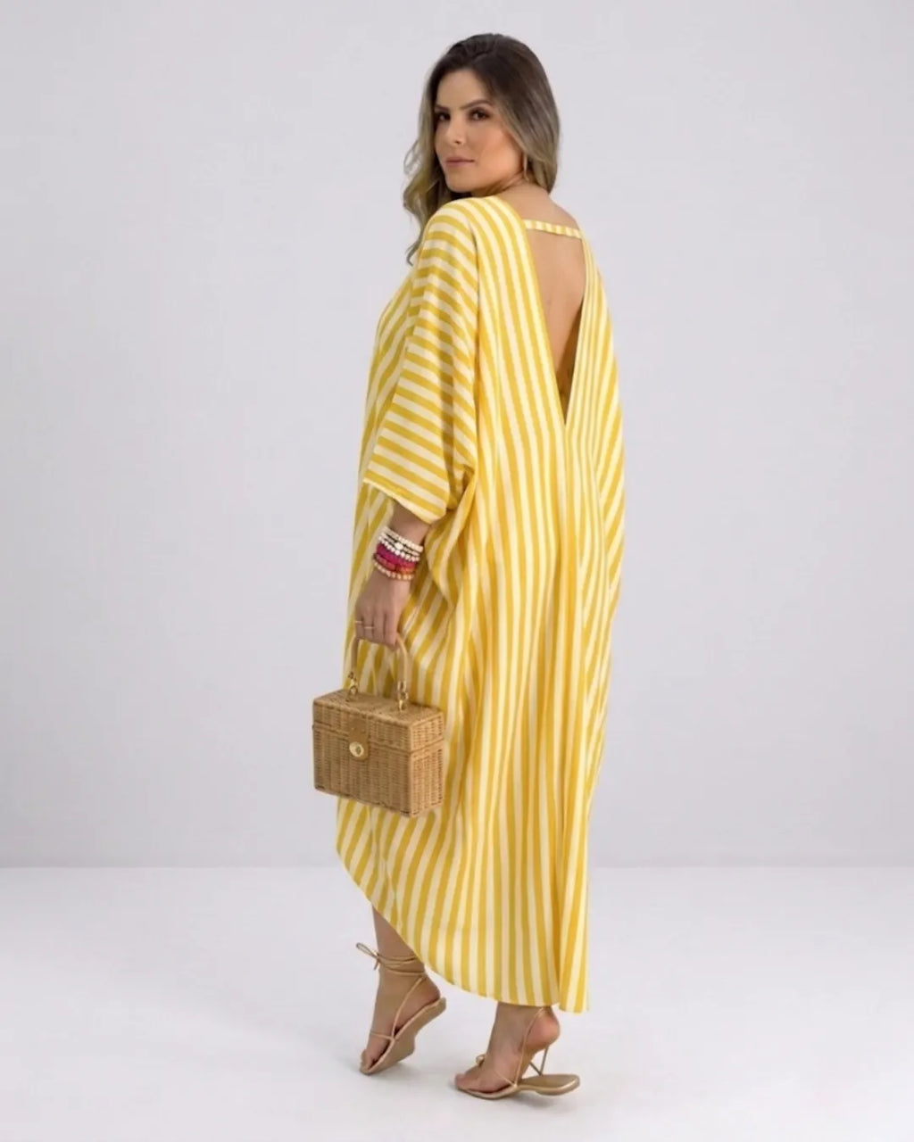 Damen Kaftan Maxikleid – Luftiges Streifenkleid mit tiefem V-Ausschnitt & Fledermausärmeln