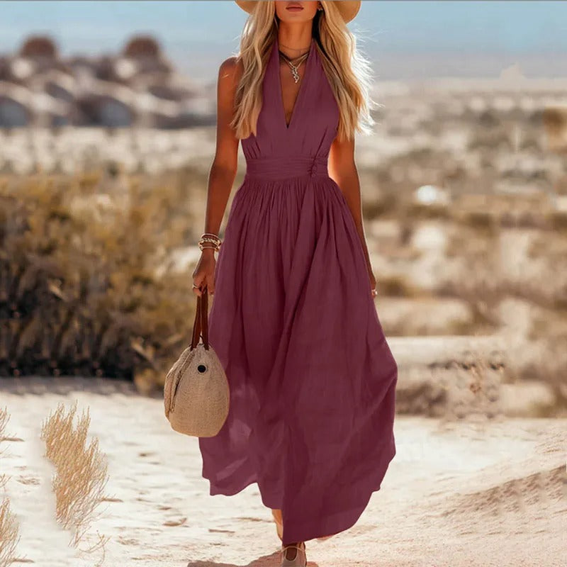 Damen Boho Neckholder Maxi Leinen-Kleid
