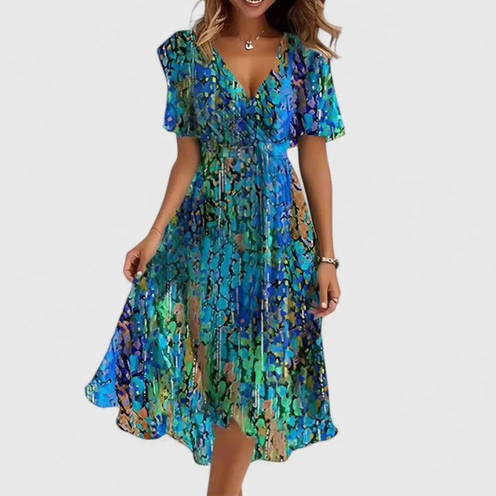 Damen Blumen V-Ausschnitt Midi Kleid