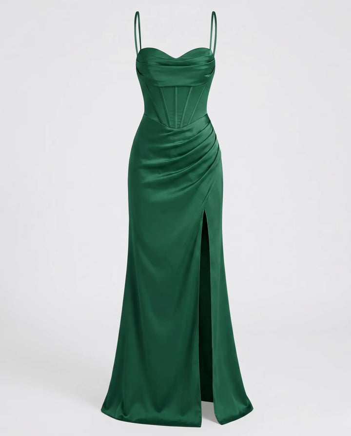 Elegantes Seiden Maxikleid Damen – Abendkleid bodenlang Spaghettiträger Schlitz festlich