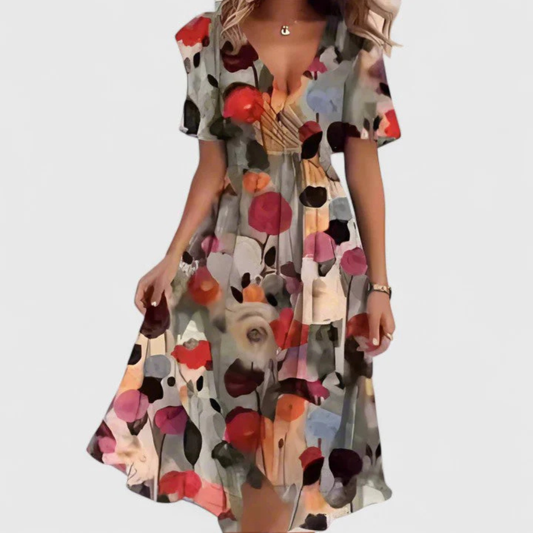 Damen Blumen V-Ausschnitt Midi Kleid