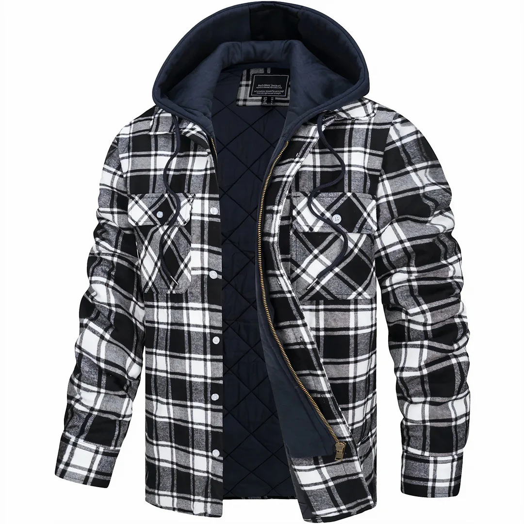 Karierte Flanell-Jacke mit abnehmbarer Kapuze und gestepptem Futter