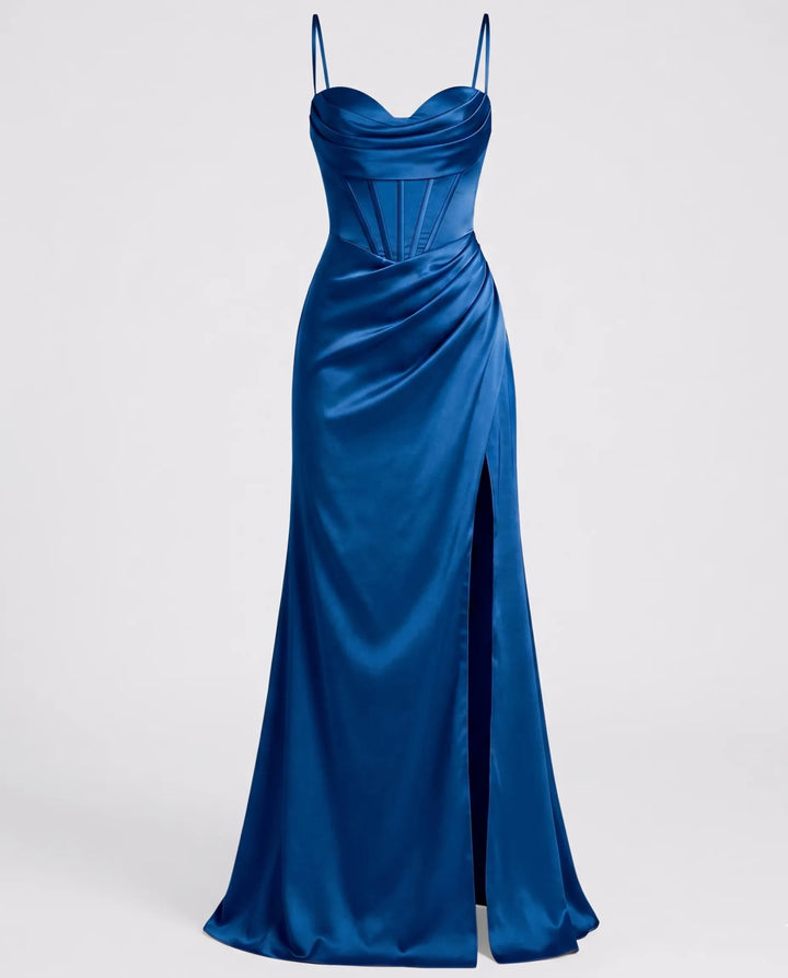 Elegantes Seiden Maxikleid Damen – Abendkleid bodenlang Spaghettiträger Schlitz festlich