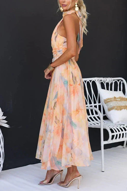 Damen Sommer Halter Blumen Maxi Kleid