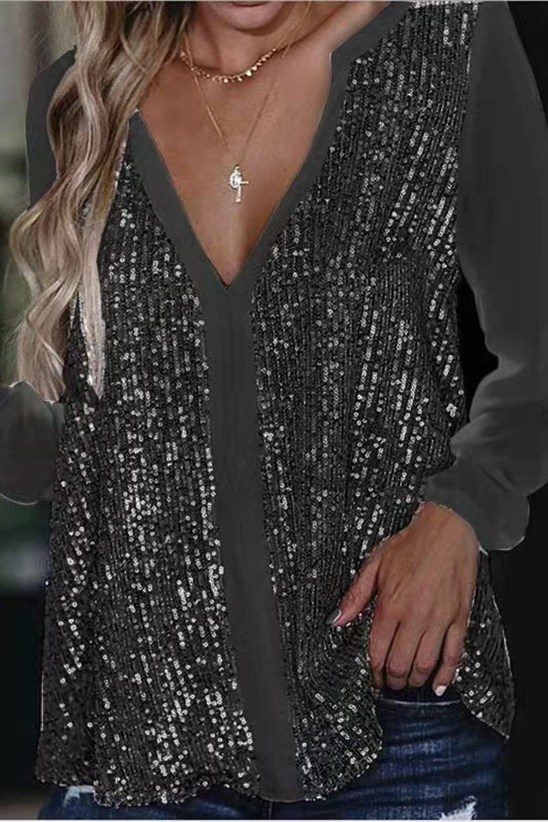 Lange Ärmel Pailletten V-Ausschnitt Bluse