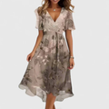 Damen Blumen V-Ausschnitt Midi Kleid