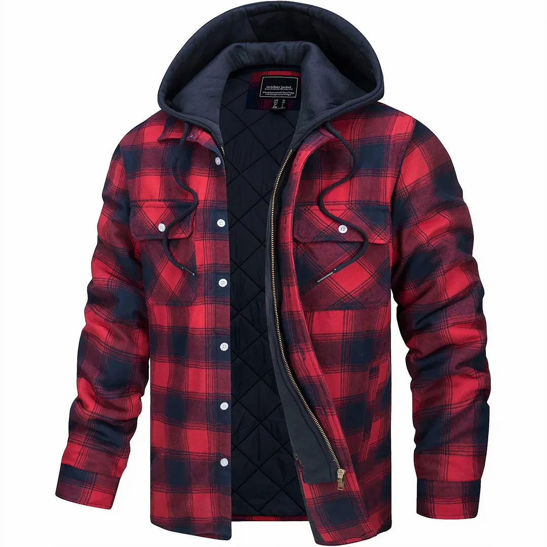 Karierte Flanell-Jacke mit abnehmbarer Kapuze und gestepptem Futter