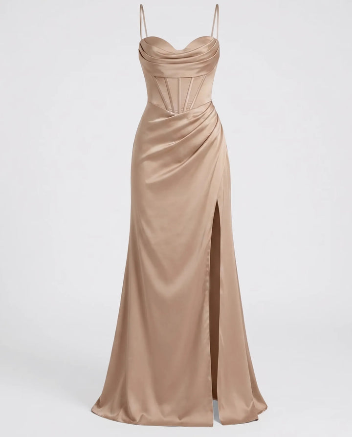 Elegantes Seiden Maxikleid Damen – Abendkleid bodenlang Spaghettiträger Schlitz festlich