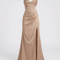 Elegantes Seiden Maxikleid Damen – Abendkleid bodenlang Spaghettiträger Schlitz festlich