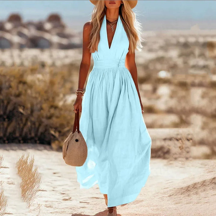 Damen Boho Neckholder Maxi Leinen-Kleid