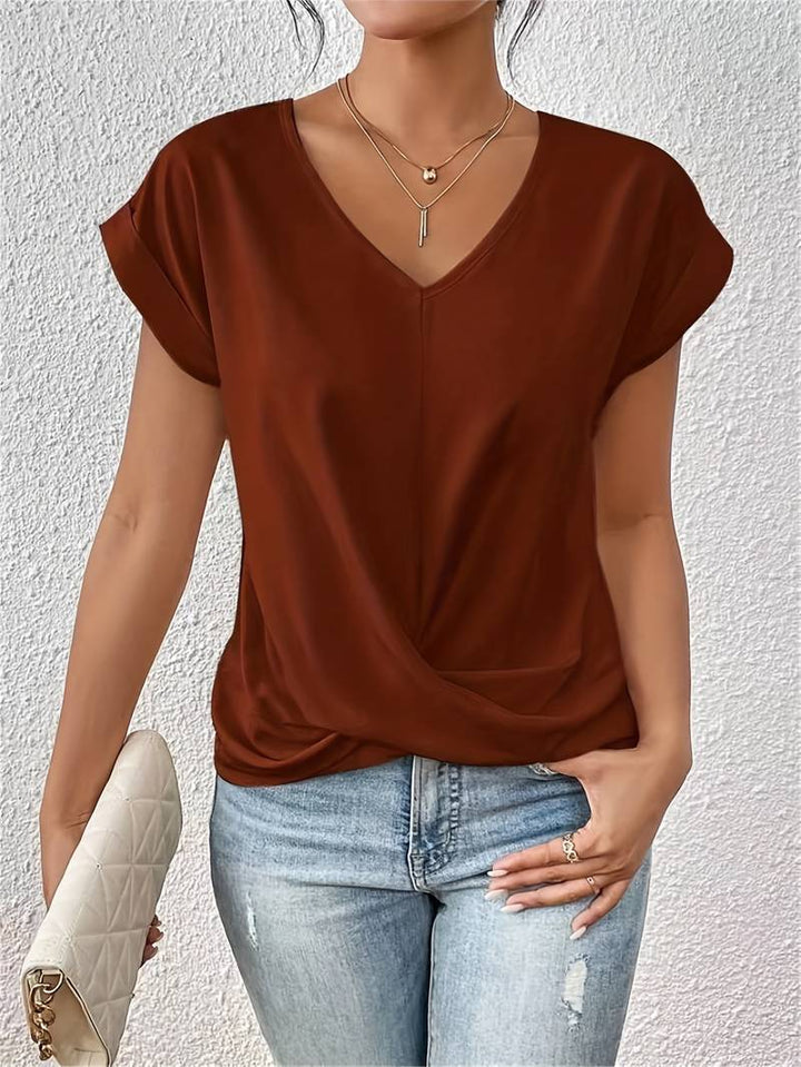 Lia - Stylisches T-Shirt Mit Kurzen Ärmeln – V-Ausschnitt Knotendetail enganliegend Jersey Damen
