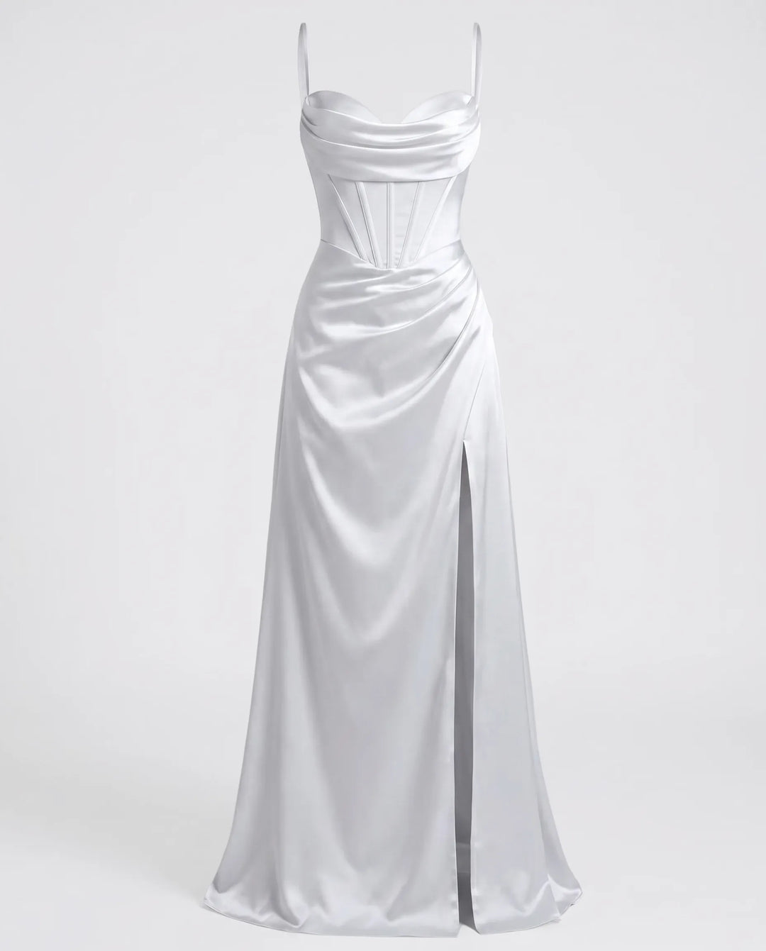 Elegantes Seiden Maxikleid Damen – Abendkleid bodenlang Spaghettiträger Schlitz festlich