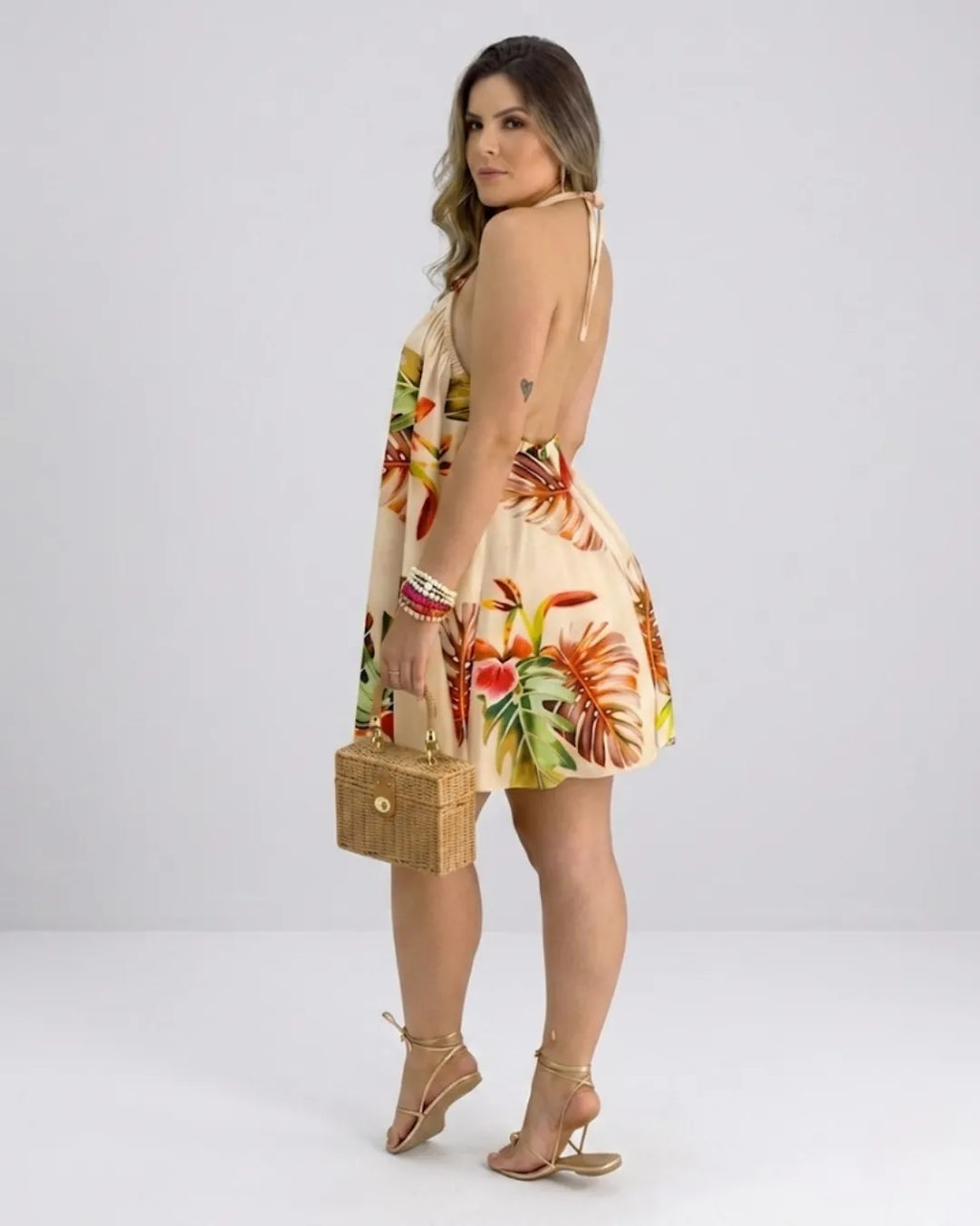 Damen Neckholder Hängerkleid – Tropisches Minikleid mit Blumendruck | Strandkleid
