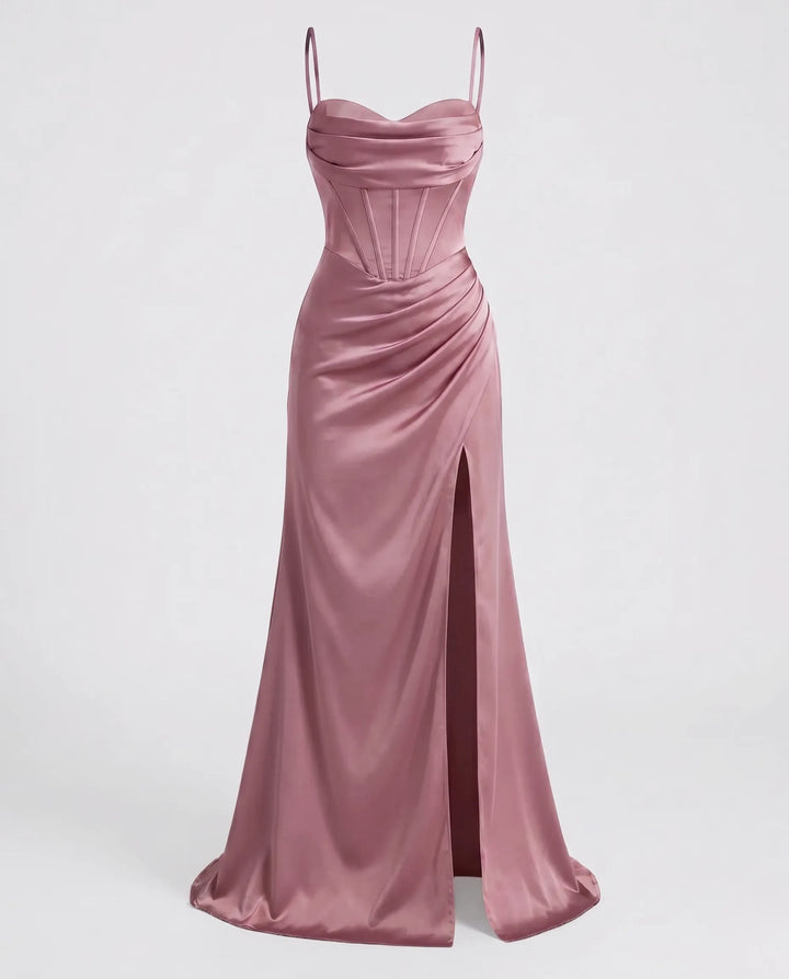 Elegantes Seiden Maxikleid Damen – Abendkleid bodenlang Spaghettiträger Schlitz festlich