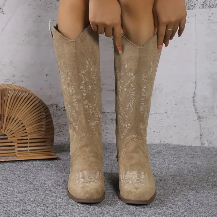 Damen Cowboy-Stiefel | Western-Stil, Stickerei — kniehoher Schaft, Kunstleder