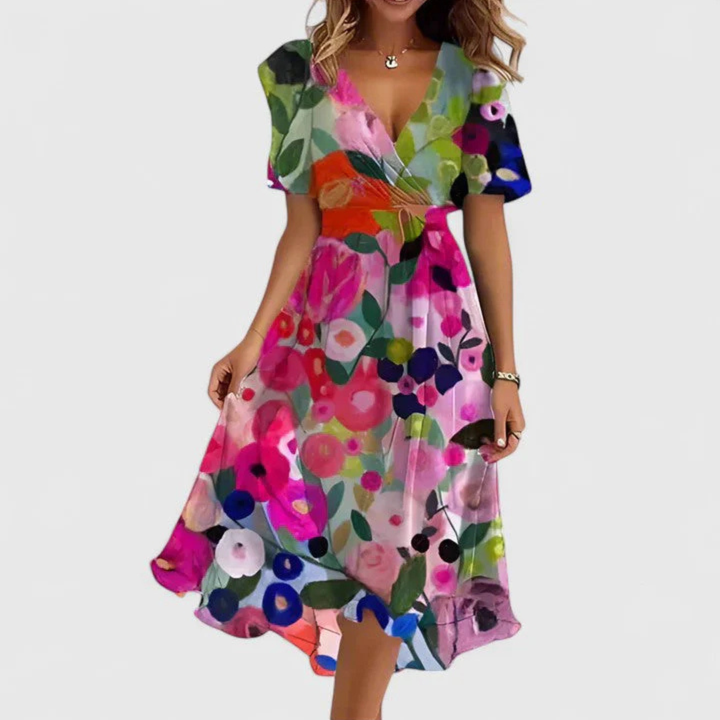 Damen Blumen V-Ausschnitt Midi Kleid
