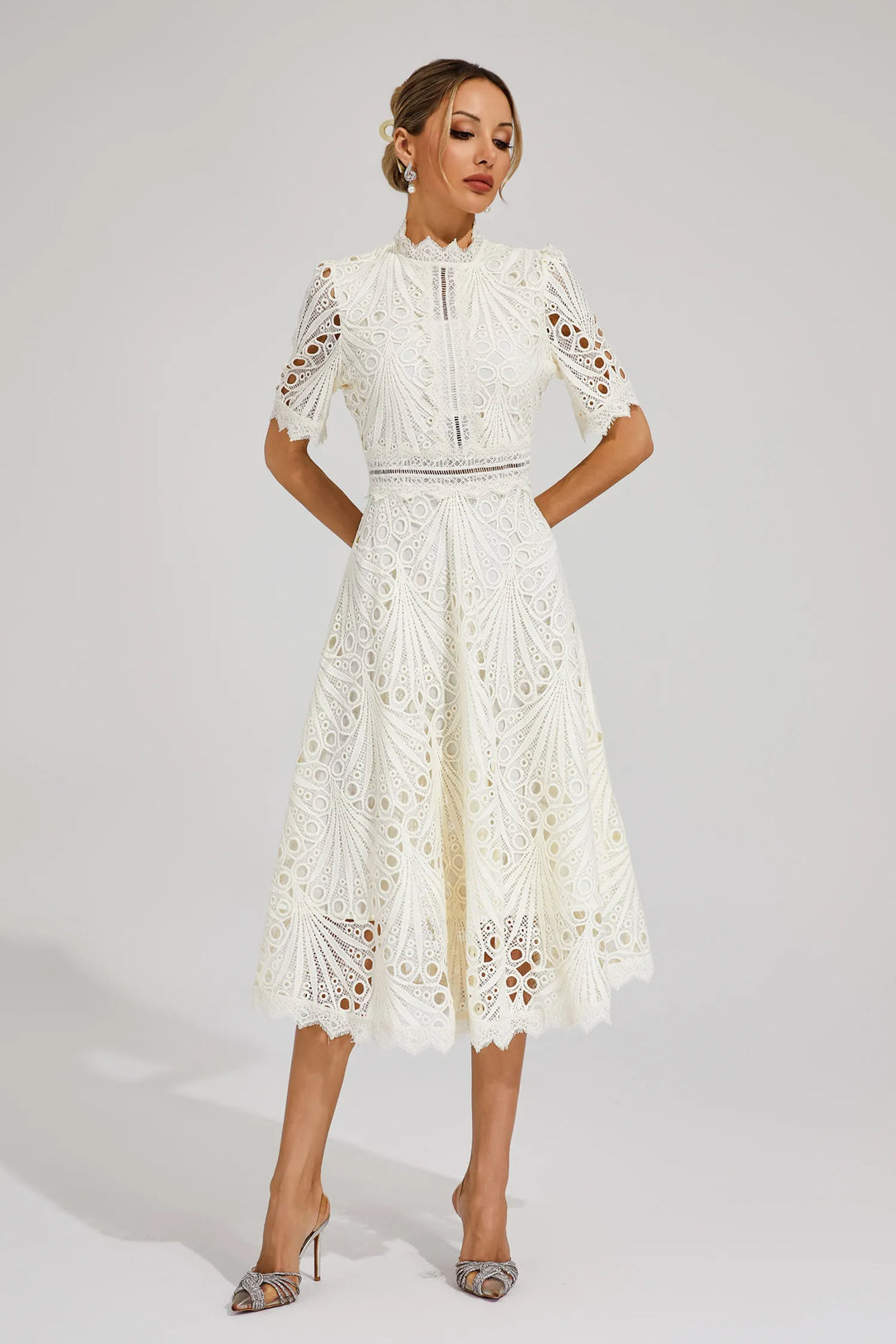 Damen Schickes Spitzen Midi Kleid