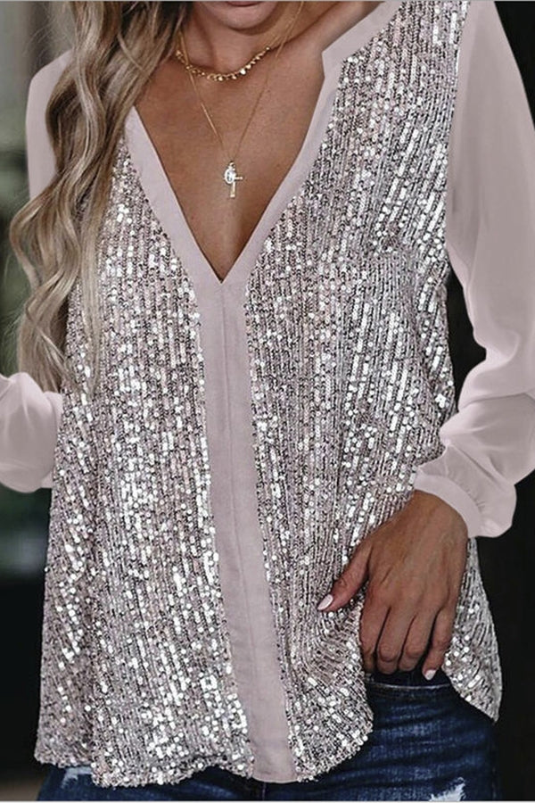 Lange Ärmel Pailletten V-Ausschnitt Bluse