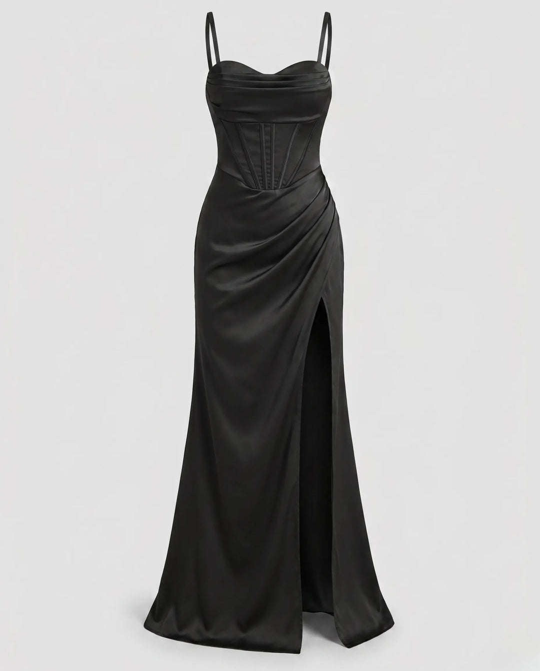 Elegantes Seiden Maxikleid Damen – Abendkleid bodenlang Spaghettiträger Schlitz festlich