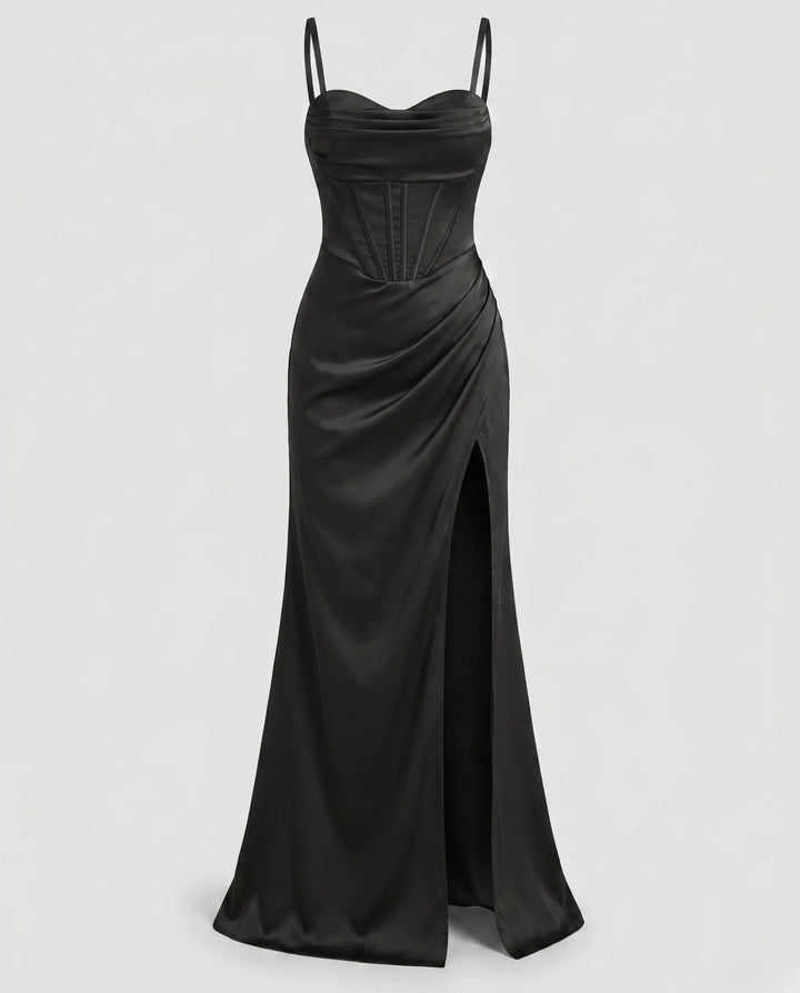 Elegantes Seiden Maxikleid Damen – Abendkleid bodenlang Spaghettiträger Schlitz festlich