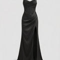 Elegantes Seiden Maxikleid Damen – Abendkleid bodenlang Spaghettiträger Schlitz festlich
