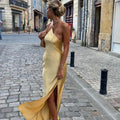Lange satin Kleid mit Schlitzen am Rücken – rückenfreies Abendkleid Satinkleid bodenlang elegant