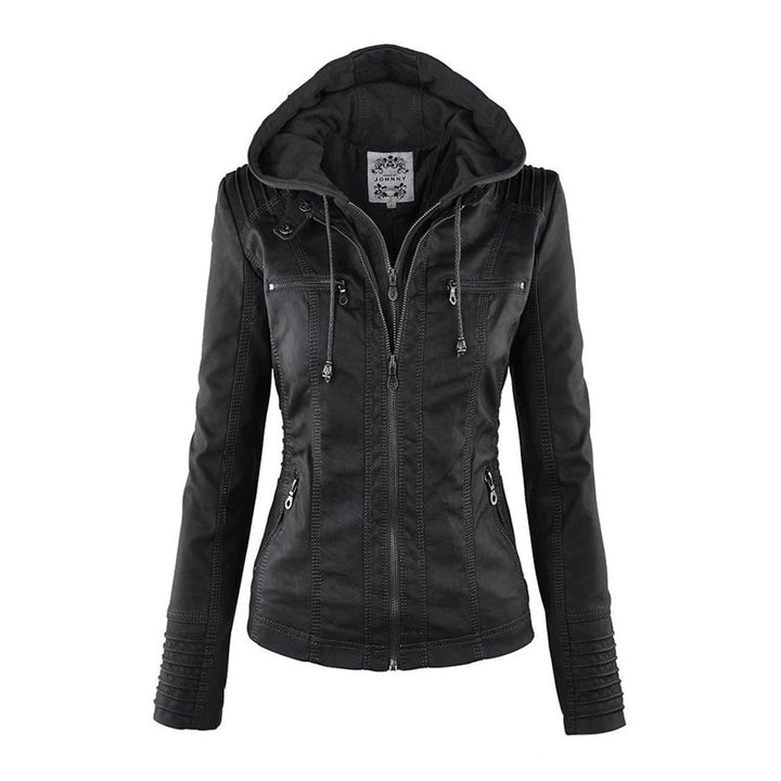 Wetterfester Damen Faux Lederjacke mit Kapuze