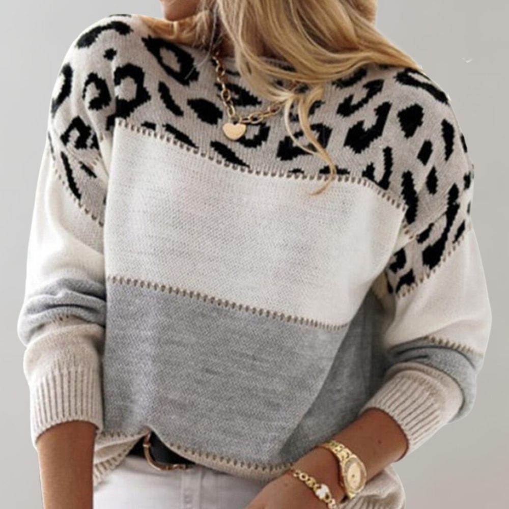 Damen Weicher Strickpullover mit Farbblock und Leopardenmuster