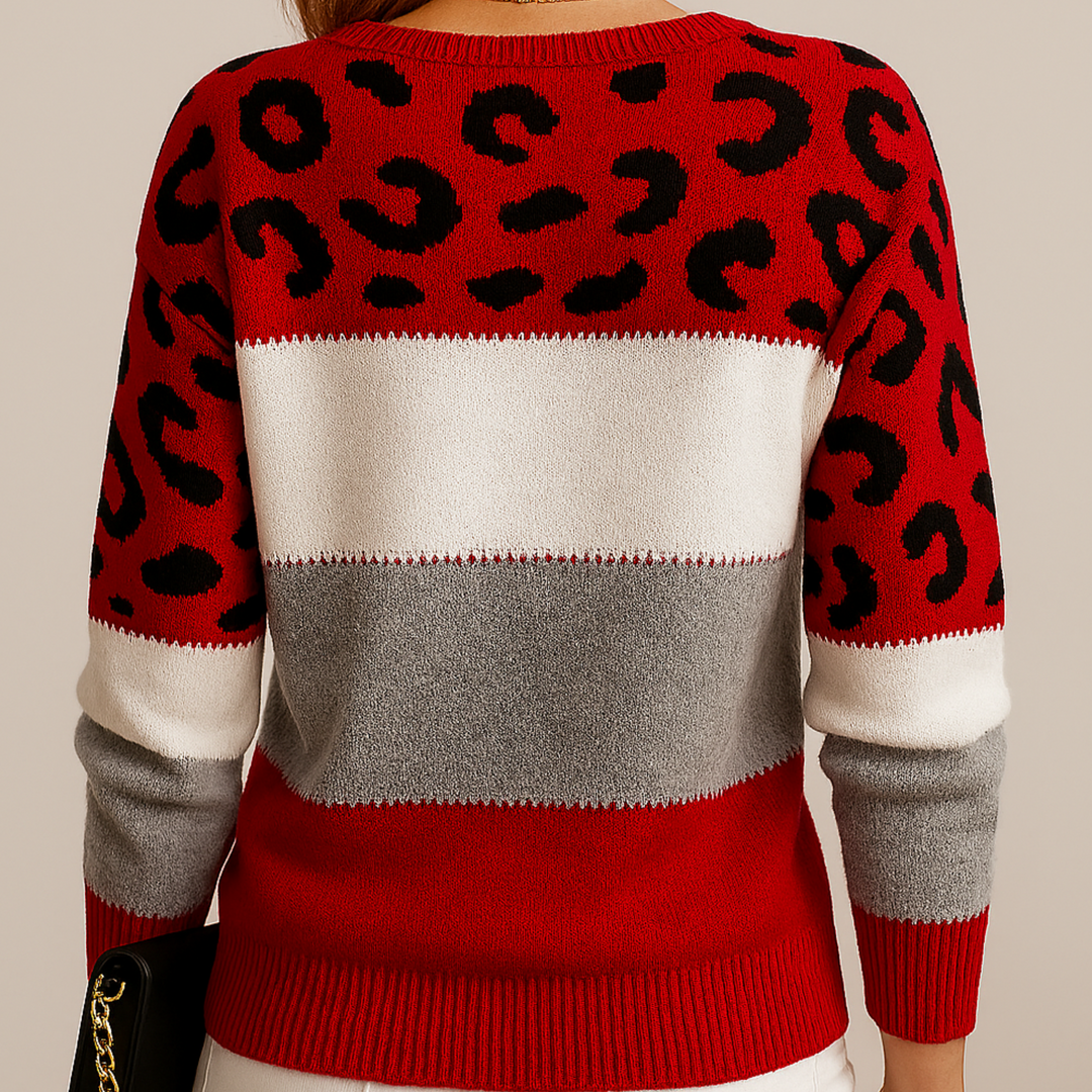 Damen Weicher Strickpullover mit Farbblock und Leopardenmuster