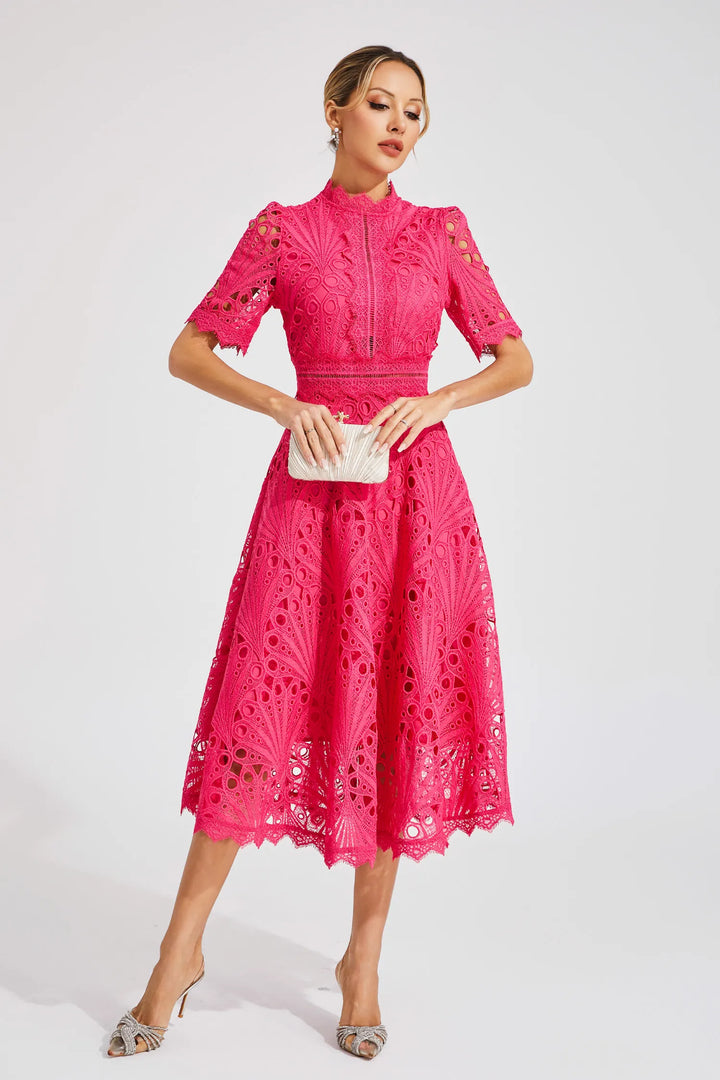 Damen Schickes Spitzen Midi Kleid