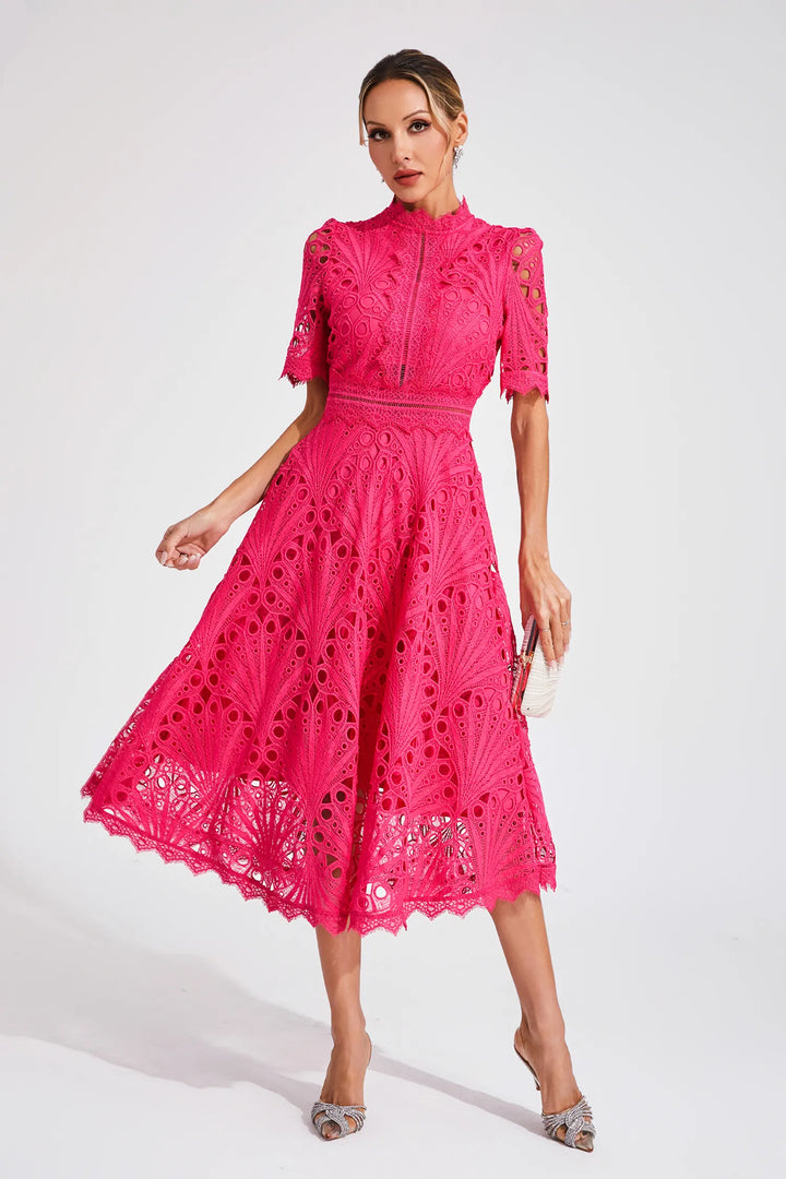 Damen Schickes Spitzen Midi Kleid
