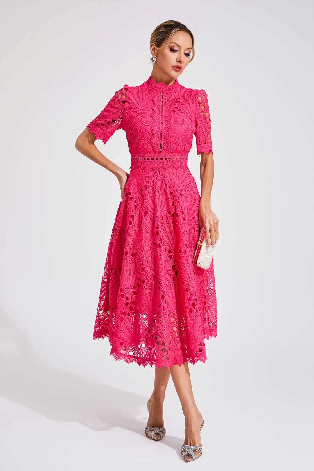 Damen Schickes Spitzen Midi Kleid