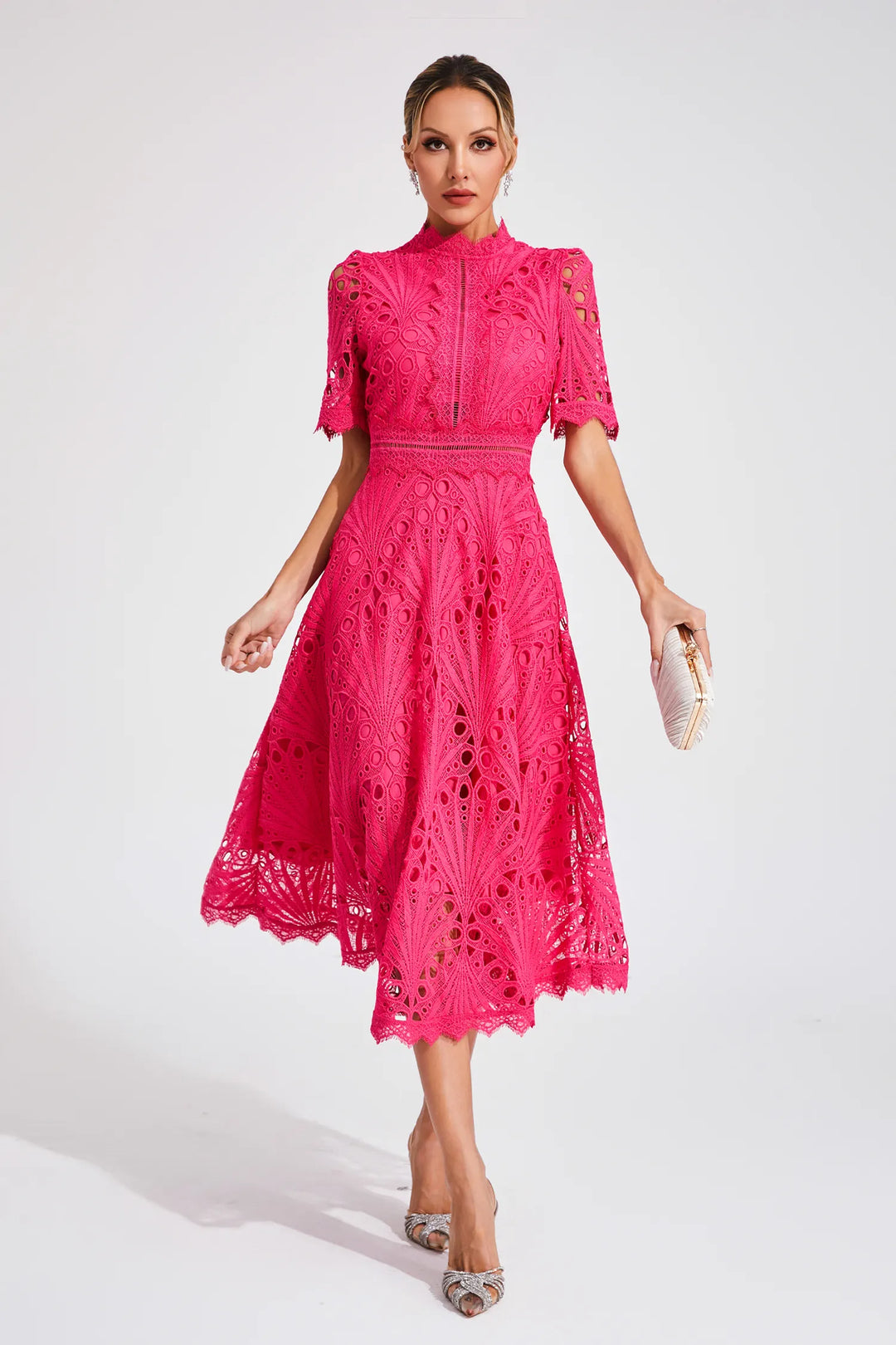 Damen Schickes Spitzen Midi Kleid