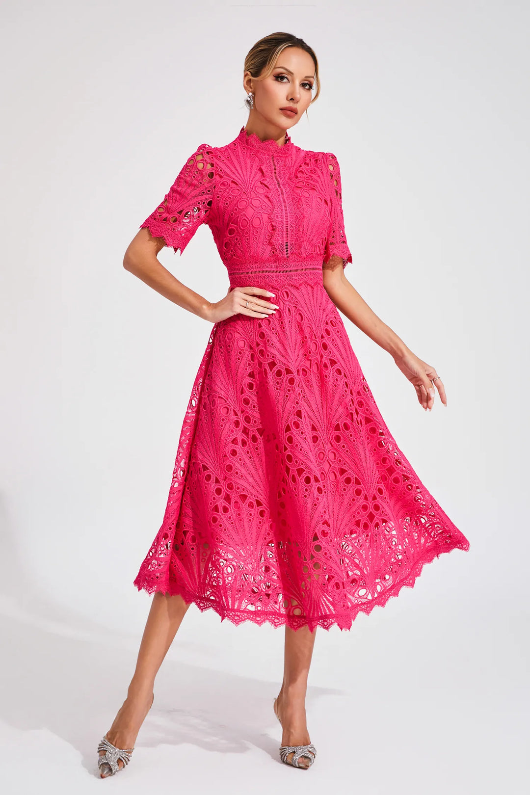 Damen Schickes Spitzen Midi Kleid