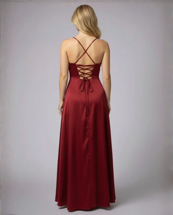 Elegantes Seiden Maxikleid Damen – Abendkleid bodenlang Spaghettiträger Schlitz festlich