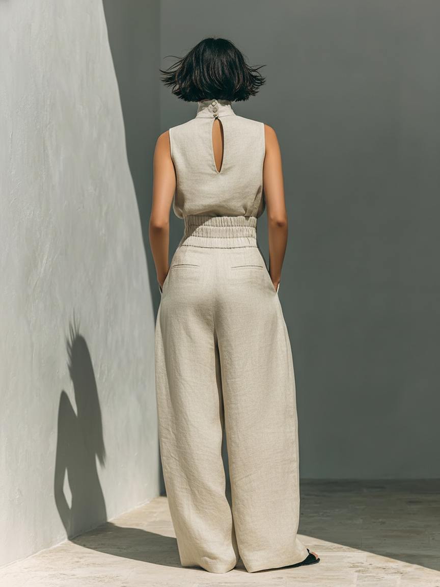 Damen Ärmellose Bluse und Weite-Hosen Ensemble