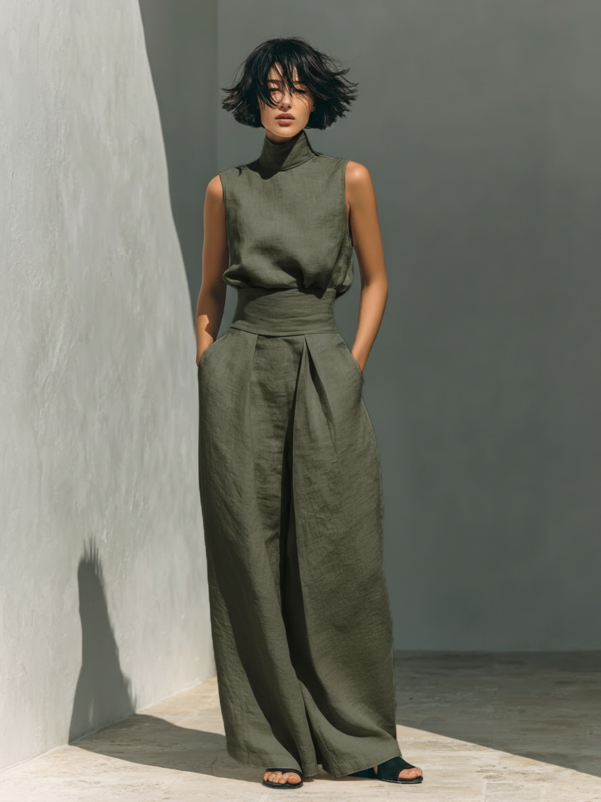 Damen Ärmellose Bluse und Weite-Hosen Ensemble