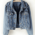 Jeansjacke, geknöpfte Taschen, Strass-Perlenbesatz, Reverskragen, lange Ärmel, Damenmode, lässig, übergroß, lässig