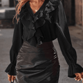 Rüschen-Button-Down-Hemd, V-Ausschnitt, Jabot-Kragen, ausgestellte Ärmel, lange Ärmel, Damen, süße, elegante Modebluse