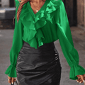 Rüschen-Button-Down-Hemd, V-Ausschnitt, Jabot-Kragen, ausgestellte Ärmel, lange Ärmel, Damen, süße, elegante Modebluse