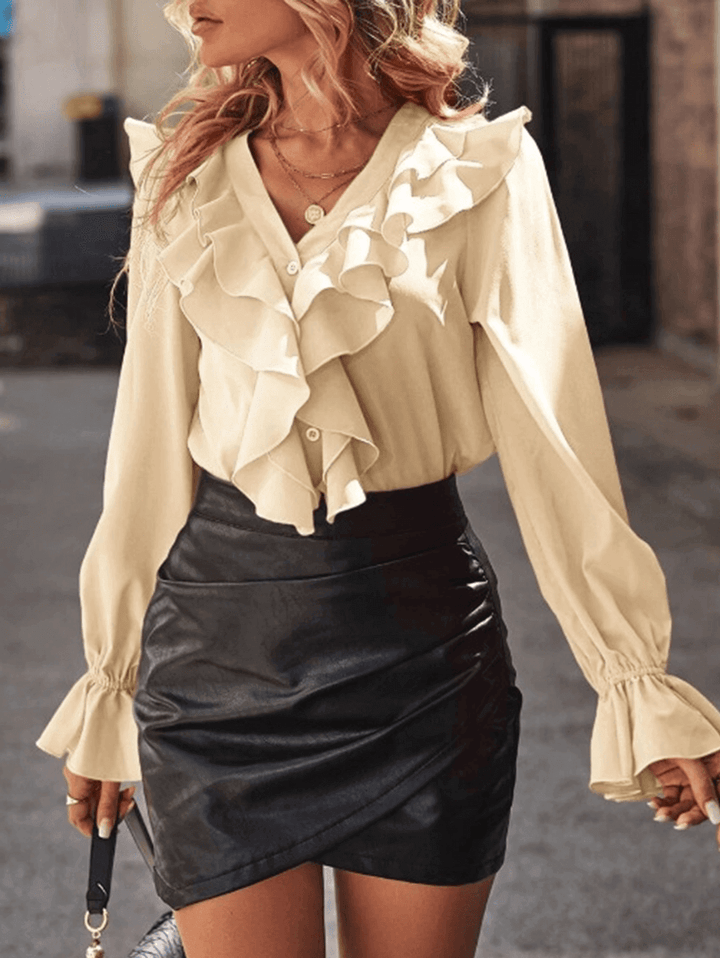 Rüschen-Button-Down-Hemd, V-Ausschnitt, Jabot-Kragen, ausgestellte Ärmel, lange Ärmel, Damen, süße, elegante Modebluse